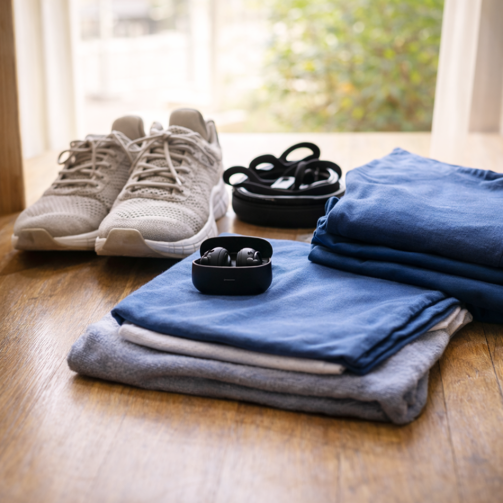 シューズとウェア、イヤホンが整えられた運動前の準備風景