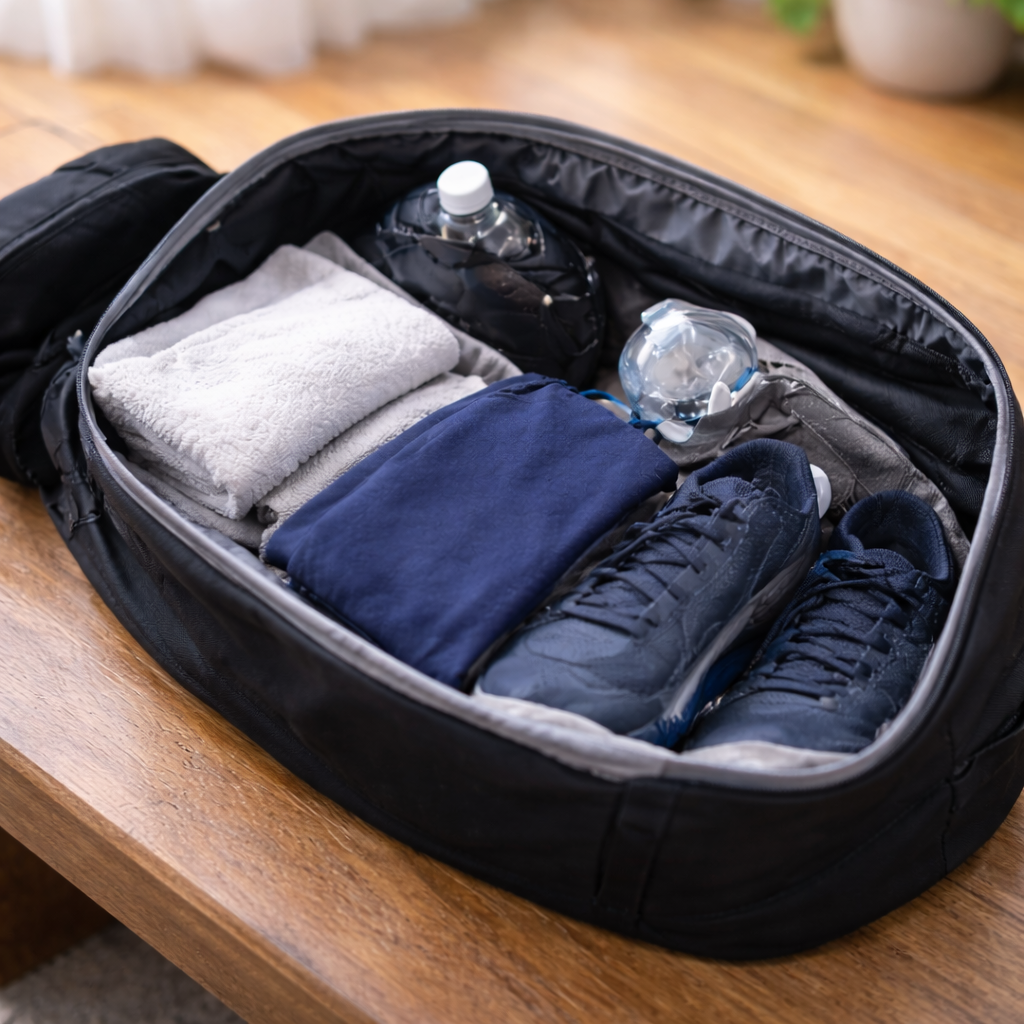 タオルやシューズ、水ボトルが整然と入ったジムバッグ