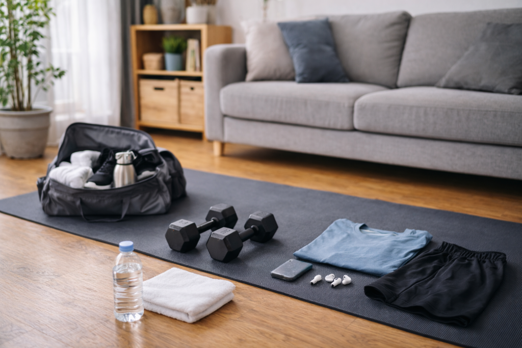 ダンベルとマットが整えられた自宅トレーニング環境