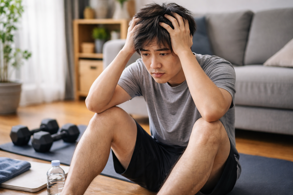 運動を始めようか迷いながら座っている男性