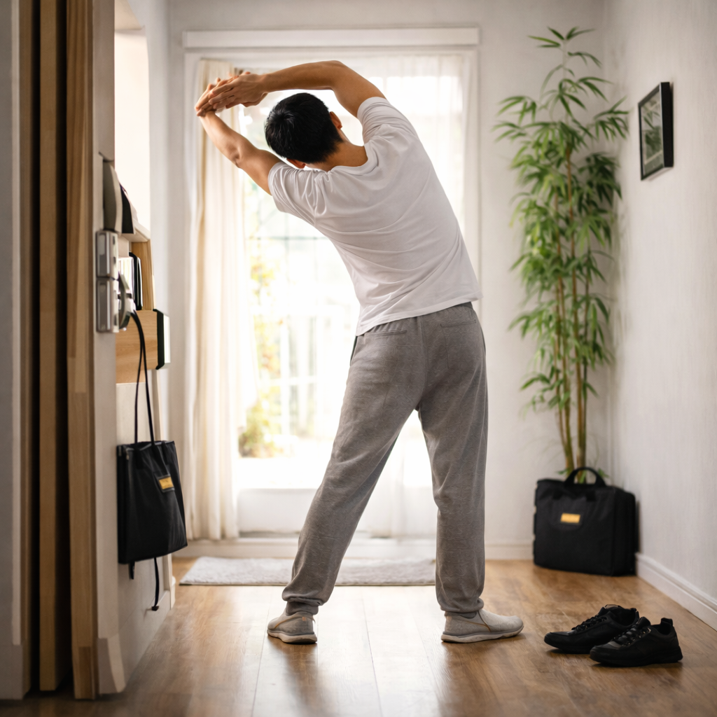 自宅玄関付近でストレッチをする男性